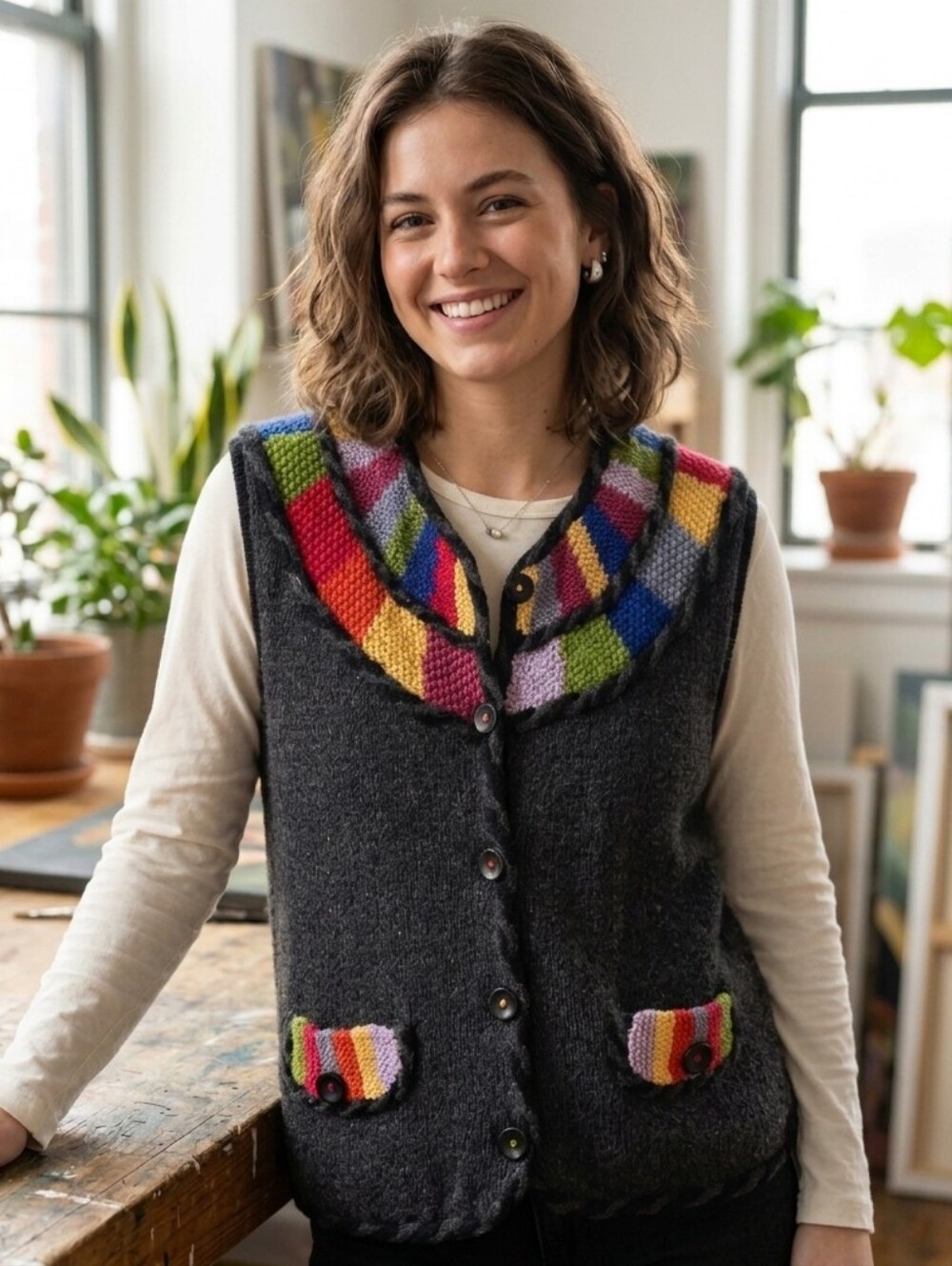 Vintage Bellepointe Sweater Vest Womens Size‎ Large Colorful Boho Festival Artsy